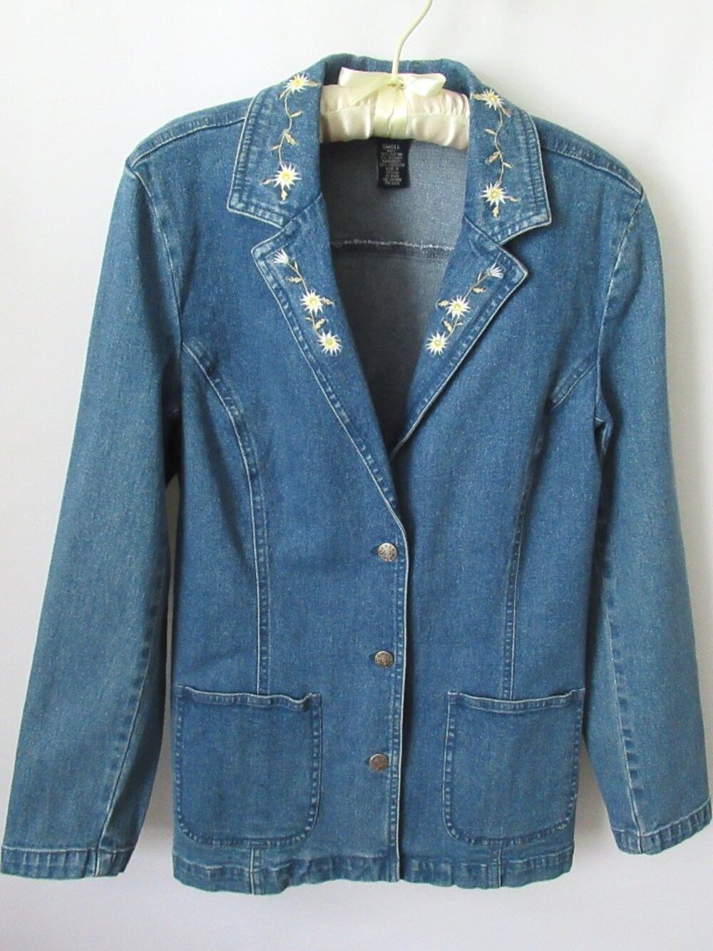 Denim & Co. blue denim embroidered collar long sleeve unlined jacket *Sz S*